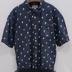 Navy Blue Palm Tree Print Casual Button Down Shirt